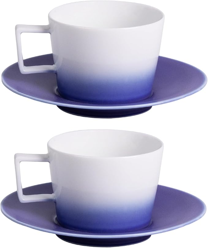 KAMMAK Ceramic Coffee Cups and Saucers Set of 2, Porcelain Espresso Cups with Saucers, 7 oz Handcrafted Ceramic Coffee and Tea Cup, Gradient Purple Drinkware for Tea Party, Office, Women Gifts