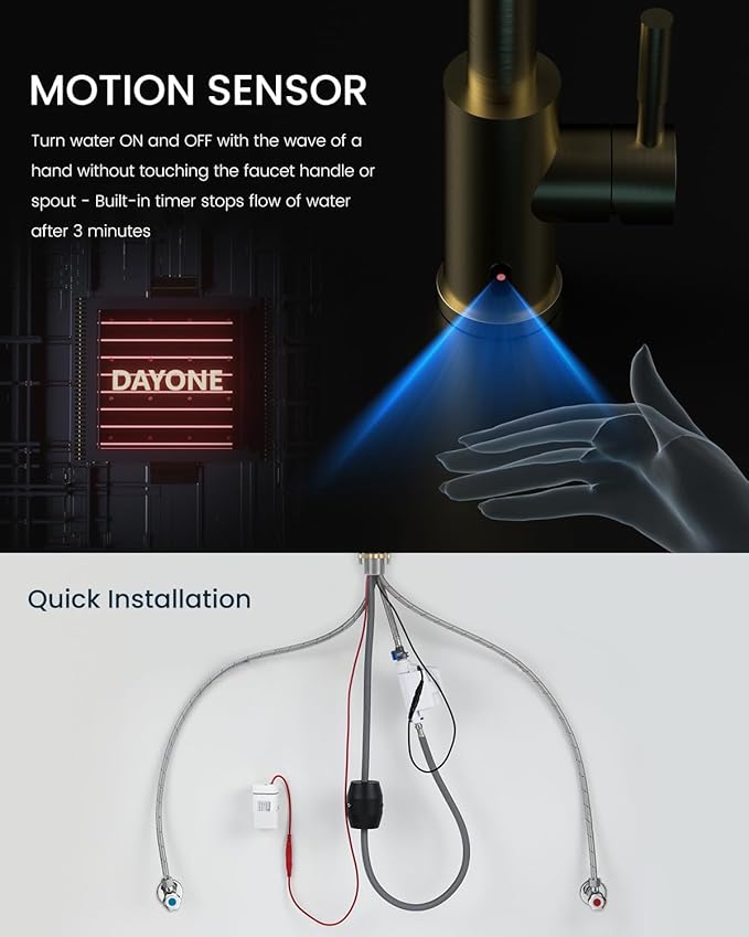 DAYONE Gold Touchless Kitchen Faucet with Soap Dispenser 3-Mode, Brushed Gold Motion Sensor Hands-Free Automatic Sink Faucet with Pull Down, Stainless Steel Single Handle Smart Faucets for Kitchen