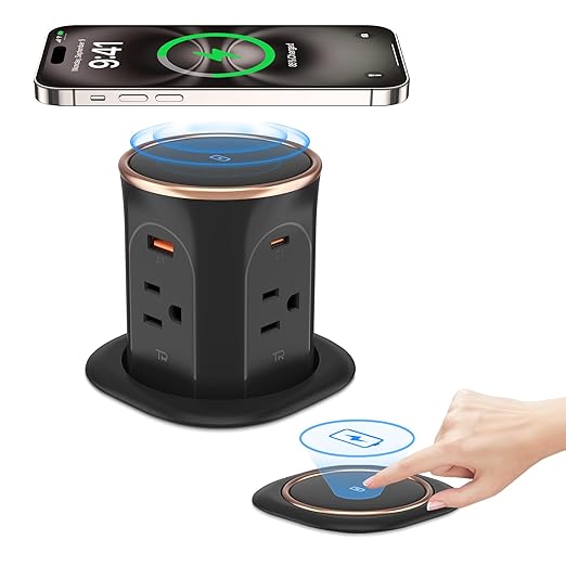 ANNQUAN Motorized Pop Up Countertop Receptacle with 15W Wireless Charger,Max 20W Power Delivery,3.15" Automatic Pop Up Outlet,4 Outlets,4 USB 3FT Cord