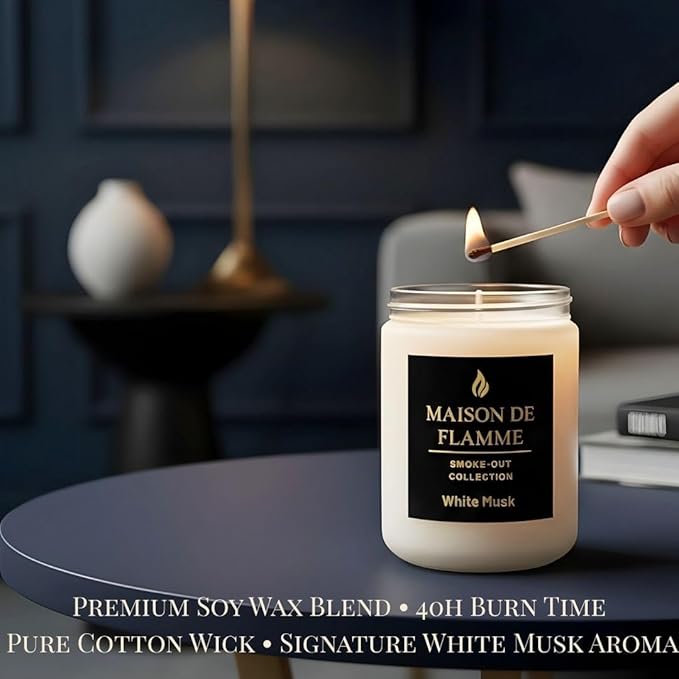 White Musk Odor-Eliminating Scented Candle, 200g/7oz White Jar – Long-Lasting Soy Wax Blend Candle for Smoke, Kitchen & Pet Odors