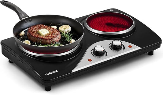 Hot Plate, CUSIMAX Electric Stove 1800W Double Burner, Portable Ceramic Infrared Cooktop, Dual Control Burners for Cooking, Heat-Up in Seconds, Compatible for All Cookwares, Black