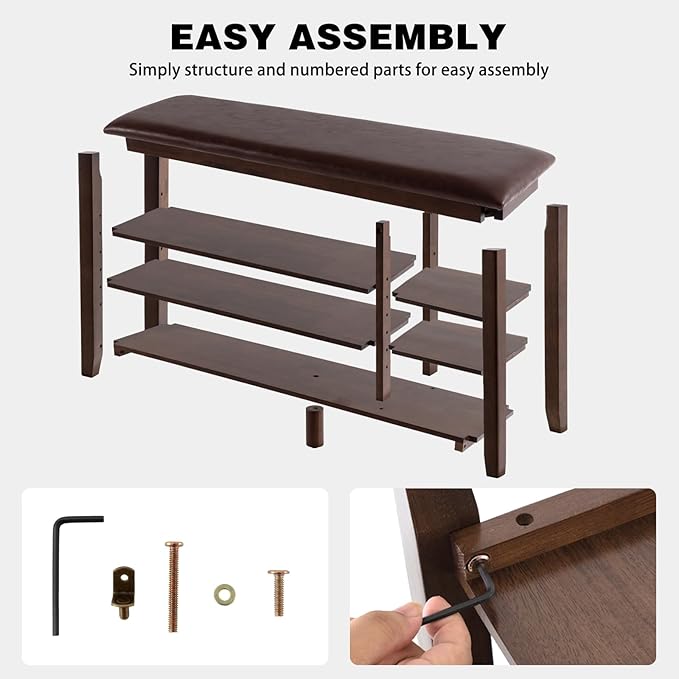 PY HOME & SPORTS Shoe Rack for Entryway 47": 3-Tier Shoe Storage Bench, Adjustable/Removable Shelves, Rubberwood Shoe Benches for Hallway, Porch, Bathroom, Brown