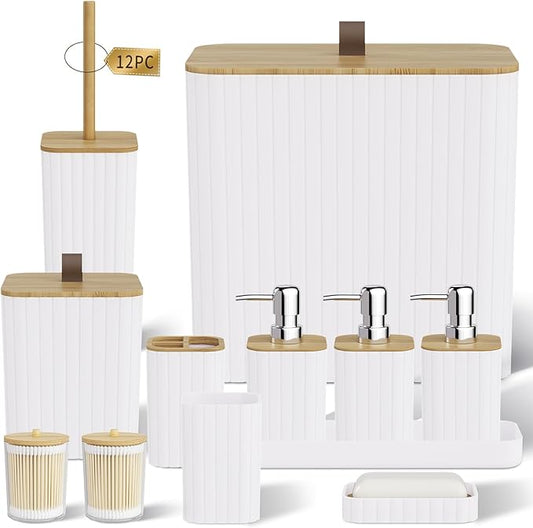 Bathroom Accessory Set - White Bathroom Set, 12PC Bathroom Accessories Set, White Bathroom Accessories Set, Mini Trash Can, Toilet Brush, Trash Can & Soap Dispenser
