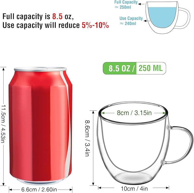 Glass Coffee Cups Set of 4, 8.5oz Double Walled Glass Mugs with Handles, Clear Insulated Coffee Mug Espresso Cups, Cappuccino Latte Tea Cups Set, Heat Resistant Borosilicate Clear Glasses
