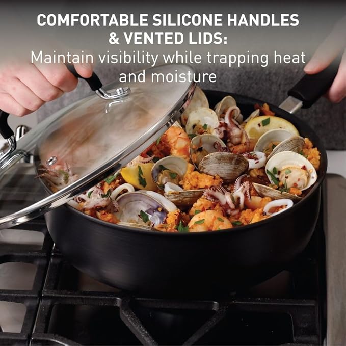 T-fal Ultimate Hard Anodized Non Stick Jumbo Cooker With Lid & Helper Handle 5 Quart, Oven Broiler Safe 400F, Lid Safe 350F, Cookware, Deep Frying Pan, Skillet, Pots and Pans, Dishwasher Safe, Grey