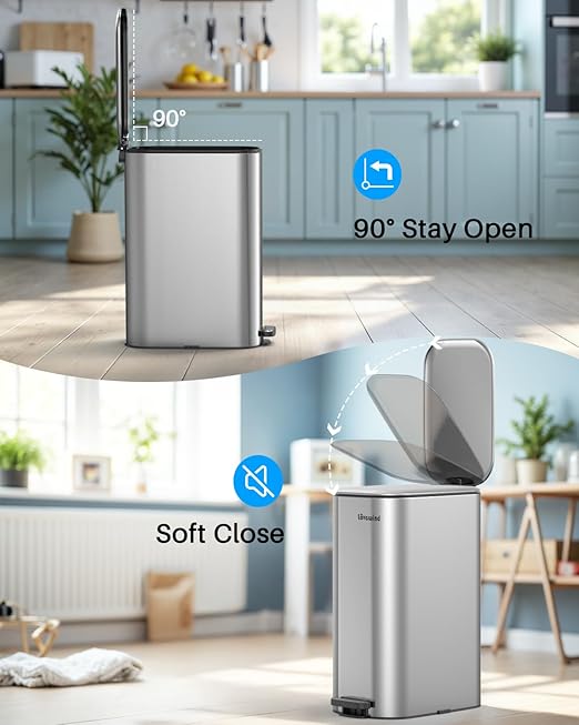 Lovewind Trash Can with Lid, 8 Gallon/30 L Footstep Garbage Can for Kitchen Bathroom Bedroom Home Office, 20 Liter Trash Bin Brushed Stainless Steel Waste Bin with Soft-Close Lid, Silver
