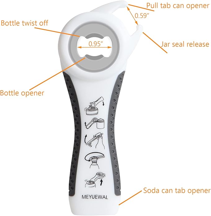 Jar Opener Bottle Opener for Weak Hands, 5-in-1 Multi-Function Can Opener Bottle Opener Kit with Silicone Handle, Easy to Use for Children, Elderly and Arthritis Sufferers (NEW White)