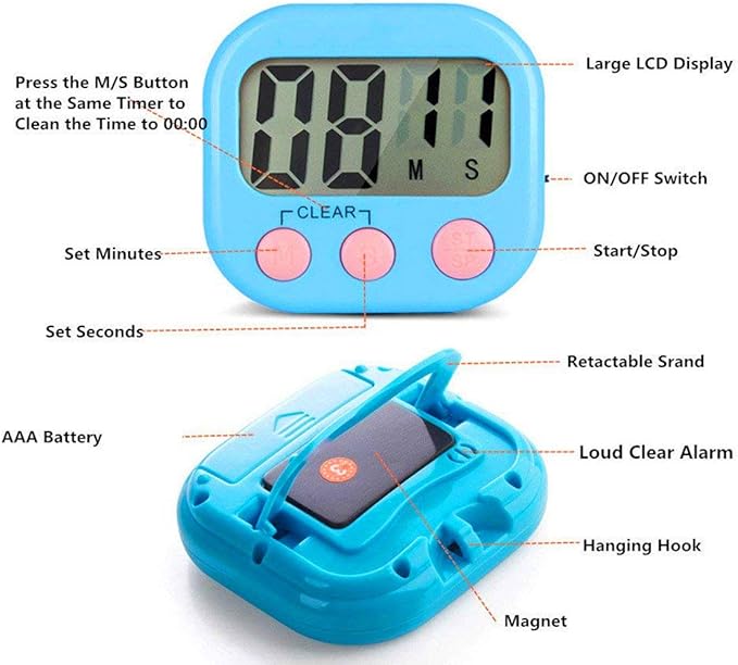 Digital Kitchen Timer, Big Display Screen, Loud Alarm, Strong Magnetic Backing Stand, Cooking Baking Kids Classroom Teacher Game Timers, Minute Seconds Count Up Countdown and Simple Operation(4 Pack)