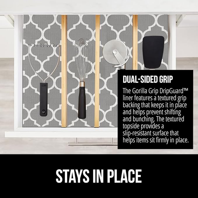 GORILLA GRIP DripGuard Shelf Liner, Non Adhesive Drawer and Kitchen Cabinet Protector, Slip Resistant BPA Free Smooth Surface Plastic Liners for Cabinets, Bathrooms, Closets, 12x120 Inch, White Gray