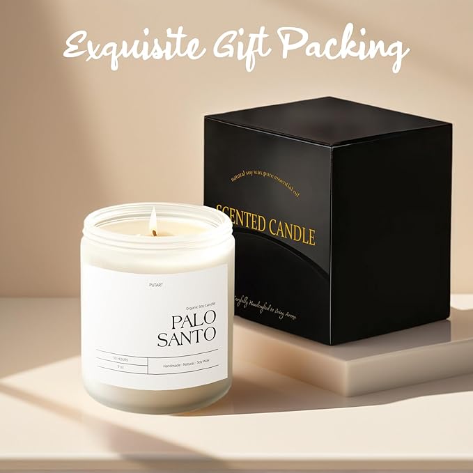 Palo Santo Highly Scented Candle for Home, 9oz Natural Soy Aromatherapy Non Toxic Candles with Essential Oil, Home Fragrance Stress Relief & Meditation Jar Candles Gifts for Women & Men, White