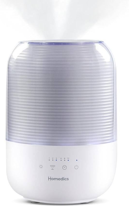 Homedics Ultrasonic Cool Mist Humidifier, Top-Fill 3L Water Tank, Covers 395 sq. ft, 35-Hour Runtime, 3 Mist Settings, Clean Tank Tech, Auto-Off, Night Light, Quiet