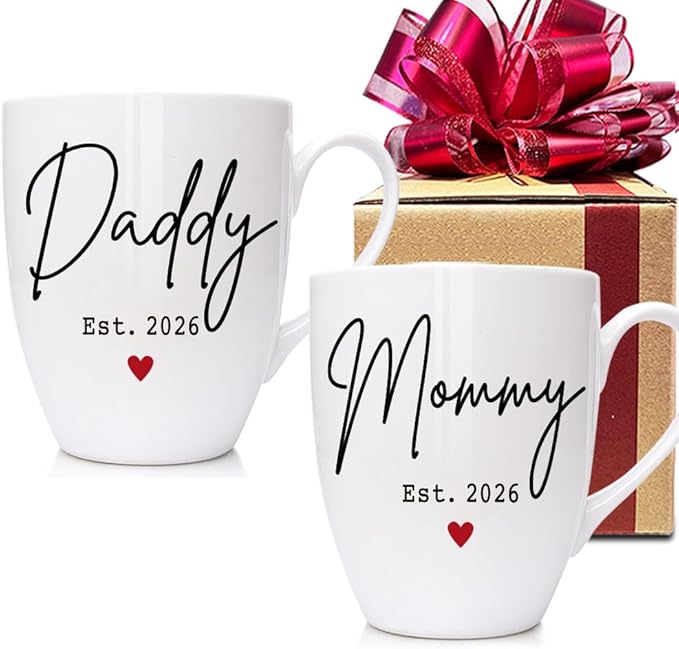 Dnuiyses EST 2026 New Daddy Mommy Mugs Set Gift for New Parents, First Time Dad Mom 2026 Gifts, Baby Reveal Pregnancy Announcement Mug Gift for Parents to be Gifts