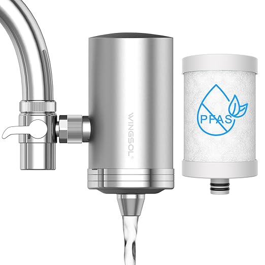 WINGSOL Stainless Steel Water Filter for Sink Faucet, NSF/ANSI 42, 360° Rotating Tap Purifier Reduces PFAS, Lead, Chlorine & Microplastics, 350 Gallons Long-Lasting for Kitchen & Bathroom