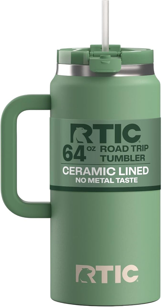 RTIC 64oz Road Trip Tumbler with Handle, Lid and Straw, Ceramic Lined, Insulated, Stainless Steel, Double Wall Vacuum-Insulation, Travel Cup, Sage