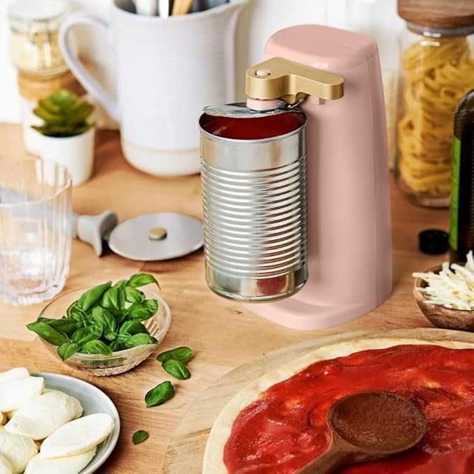 Beautiful Electric Can Opener with Auto-Turn, Magnetic Lid Holder, Knife Sharpener, Bottle Opener, Removable Lever, Cord Storage, No-Tilt Base, Stainless Steel Blade, 70W (Rose)