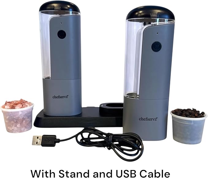 Electric Salt and Pepper Grinder Set, USB Rechargeable, 6.5" Tall, with Charging Stand, Adjustable Coarseness