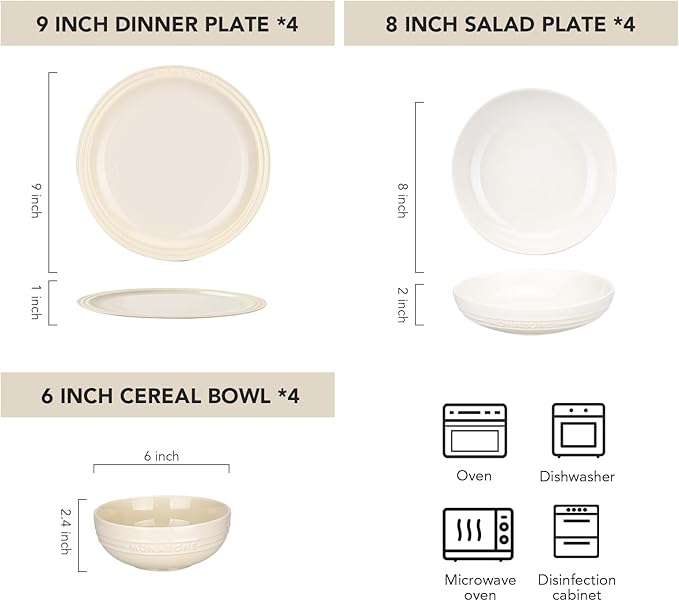12-Piece White Ceramic Dinnerware Set - Monazone Series, Service for 4, Includes Bowls & 8''/9'' Plates, Glossy Finish