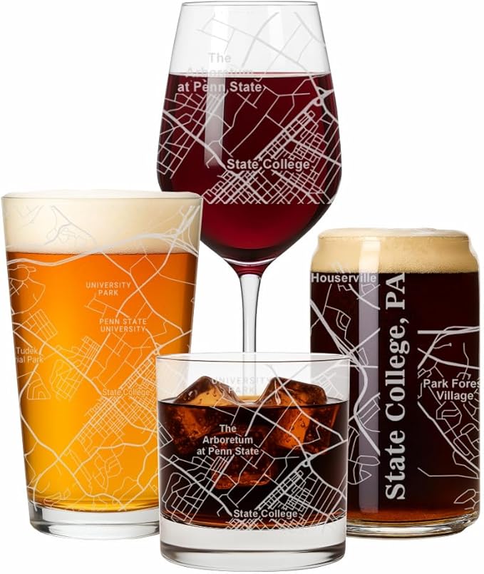 Blue Ridge Mountain Gifts - State College Souvenir - Pennsylvania Glassware Gift, Etched City Map, Laser Engraved and Dishwasher Safe
