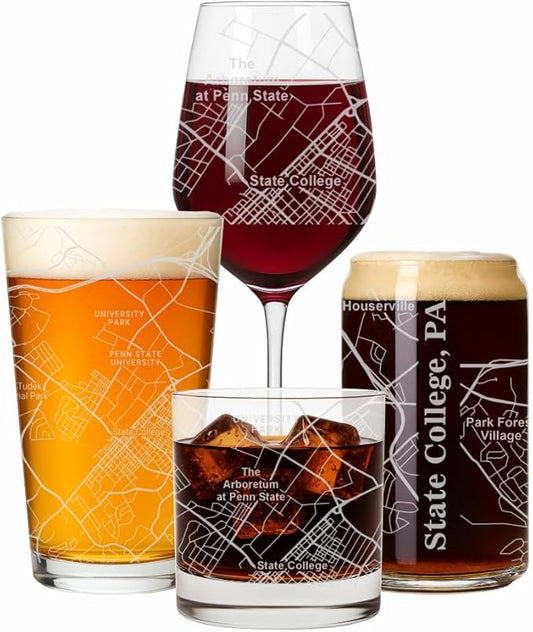 Blue Ridge Mountain Gifts - State College Souvenir - Pennsylvania Glassware Gift, Etched City Map, Laser Engraved and Dishwasher Safe