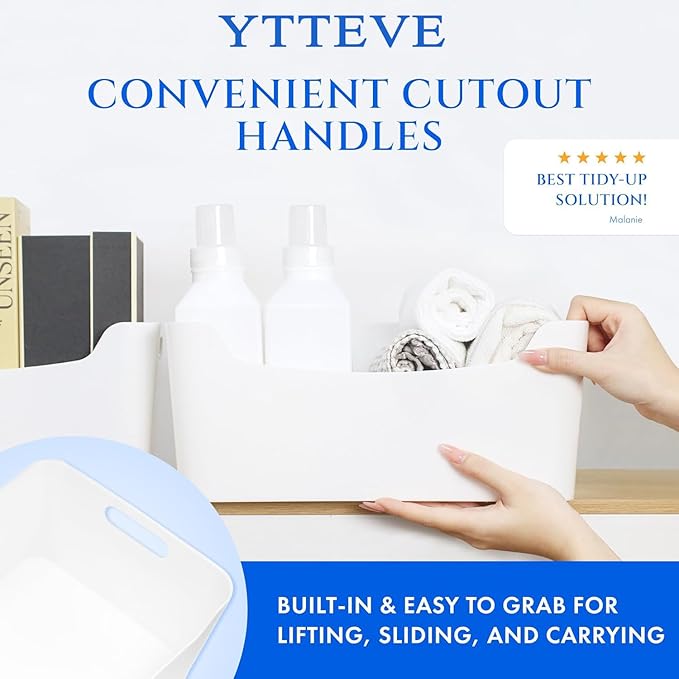 Ytteve large- 4 pack White Plastic Storage Bins, Closet Kitchen Storage Containers for Pantry Bathroom Office Organization Baskets, Cabinet Organizing Containers, White Organizer Bins for Shelves