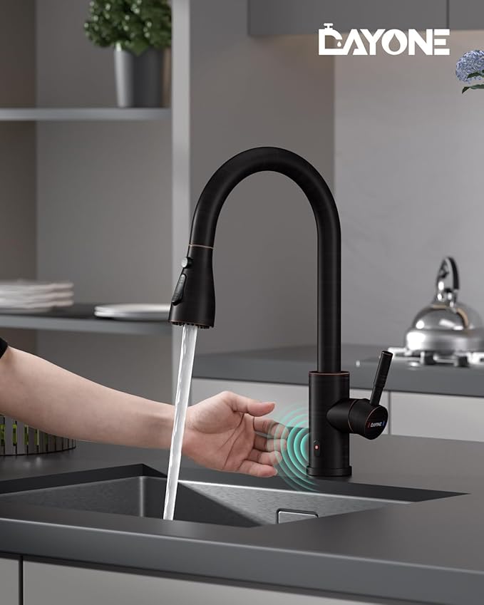 DAYONE Touchless Bronze Kitchen Sink Faucet with Pull Down Sprayer and Soap Dispenser, Oil Rubbed Brown 3 Modes Motion Sensor Hands-Free Single Handle Touch Faucet for Kitchen Sink High Arc