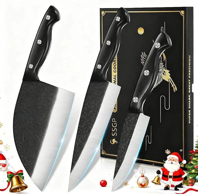 SSGP Butcher Knife Set of 3- Japanese Knife Set for Meat Cutting, Hand Forged Viking Knives Sets with Meat Cleaver, Heavy-Duty Kitchen Knives Sets for Bone BBQ Vegetable, Christmas Gifts for Men