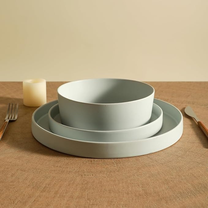 Stone by Mercer Project MODAN 24-Piece Stoneware Dinnerware Set, Plates and Bowls Sets, Dish Set for 8, Blue-Grey