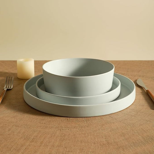 Stone by Mercer Project MODAN 24-Piece Stoneware Dinnerware Set, Plates and Bowls Sets, Dish Set for 8, Blue-Grey