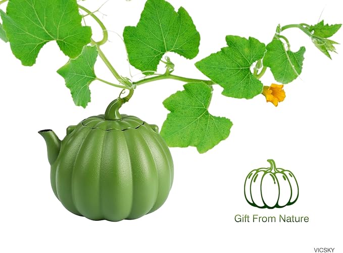 VICSKY Pumpkin Cast Iron Teapot (40 oz/1200 ml), Cute Natural Pumpkin Shape, Cast Iron Tea Kettle with Enamel Coated for Loose Tea Leaf, Stovetop Safe(Light Green)