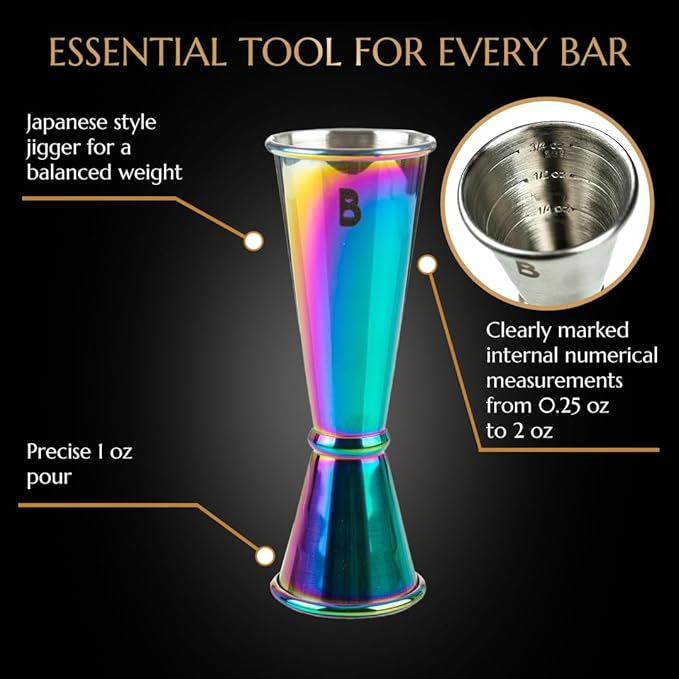Double Japanese Jigger by Bull In China - 0.25oz to 2oz Measures for Cocktails, Bars & Bartenders (Rainbow Chrome)