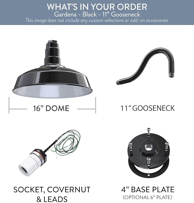 Steel Lighting Co. | Dusk to Dawn | Gardena Barn Light | Outdoor Wall Mounted | 16" Dome | 11" Gooseneck | Farmhouse Light Made in America | Galvanized Exterior/Galvanized Interior