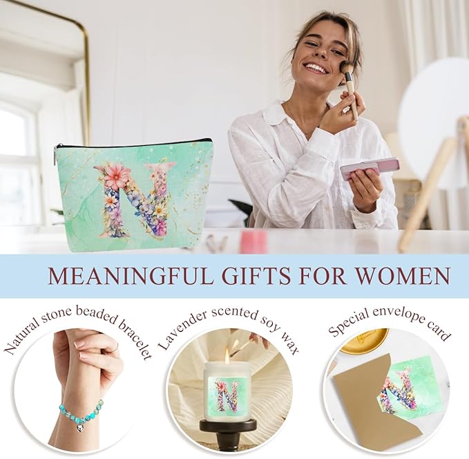 Personalized Gifts Monogrammed Birthday Gifts for Women, Colleague, Leader Mentor Female Farewell Christmas, Initial Wine Tumbler Makeup Bag Scented Candle Bracelet Set, (Aesthetic Green Flower N)