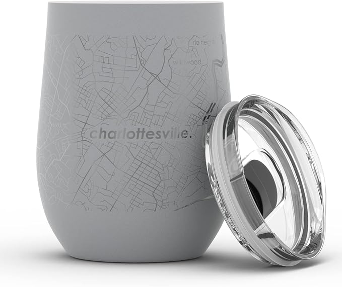 Well Told Engraved Charlottesville Virginia Map Insulated Wine Tumbler, Etched Stainless Steel Cup (12 oz, Dockside Gray) City Map Insulated Tumbler, Custom Insulated Tumbler, Outdoor Drinkware