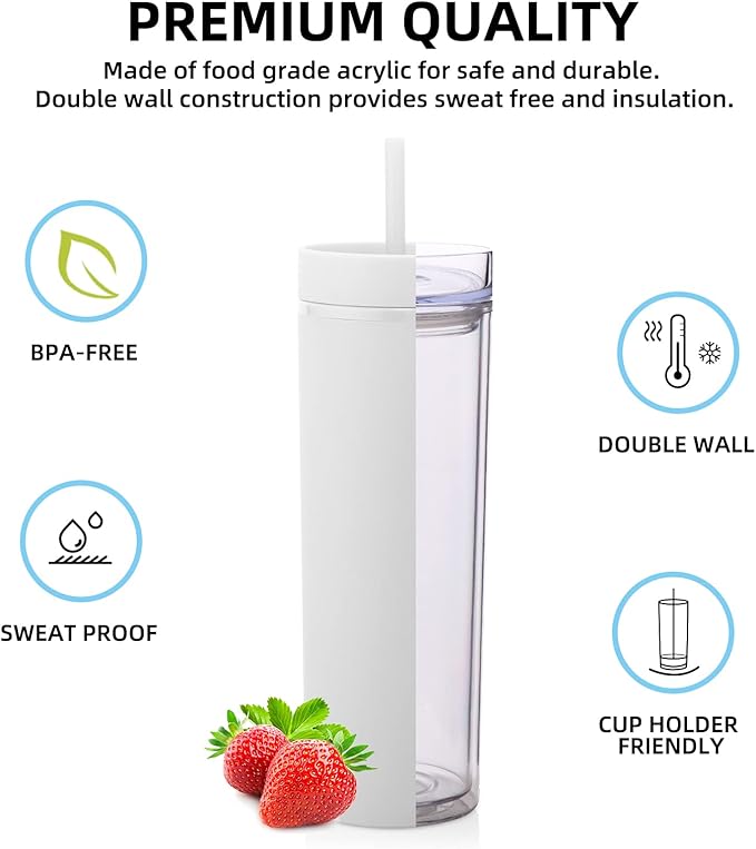 Volhoply 20oz Tumbler with Lid and Straw 8 Pack,Double Wall Plastic Skinny Tumblers Bulk,Reusable Travel Cute Coffee Mug,BPA Free Matte Acrylic Water Cups With Straw for Party,DIY Gifts(White,8 Set)