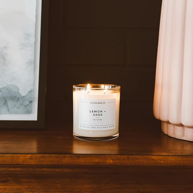 Calyan Wax Co. Lemon & Sage 2 Wick Scented Candle - 37 Hour Burn - Luxury Non Toxic Soy Wax Candles - Long Lasting Large Glass Jar Candle for Home - 8.8oz