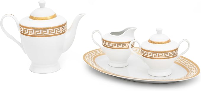 Vintage Dinnerware Set for 8-57 Piece Porcelain Dining Set - Gorgeous White and Gold Greek Key Design - Plates, Bowls, Cups and Saucers - For Everyday Use and Special Events (Meander Gold 2057)