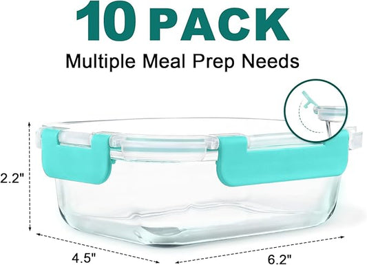 KAMOTA Glass Food Storage Containers, 10 Pack Glass Meal Prep Containers, Airtight Containers with Snap-Lock Lids, 22 oz Green Container Set with Lids, for Microwave/Oven/Freezer/Dishwasher