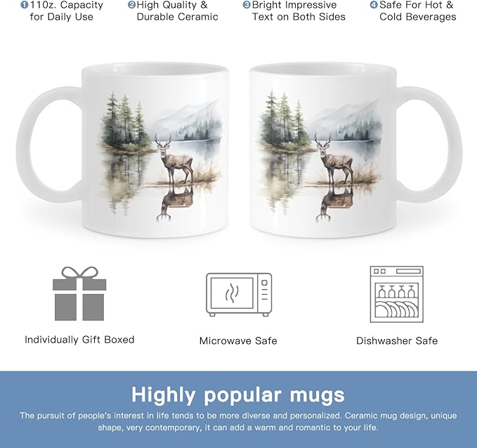 Coffee Mugs Deer Pattern Ceramic Latte Mug with Handle 11 OZ for Men Women for Latte Cappuccino Cocoa Milk Dishwasher & Microwave Safe