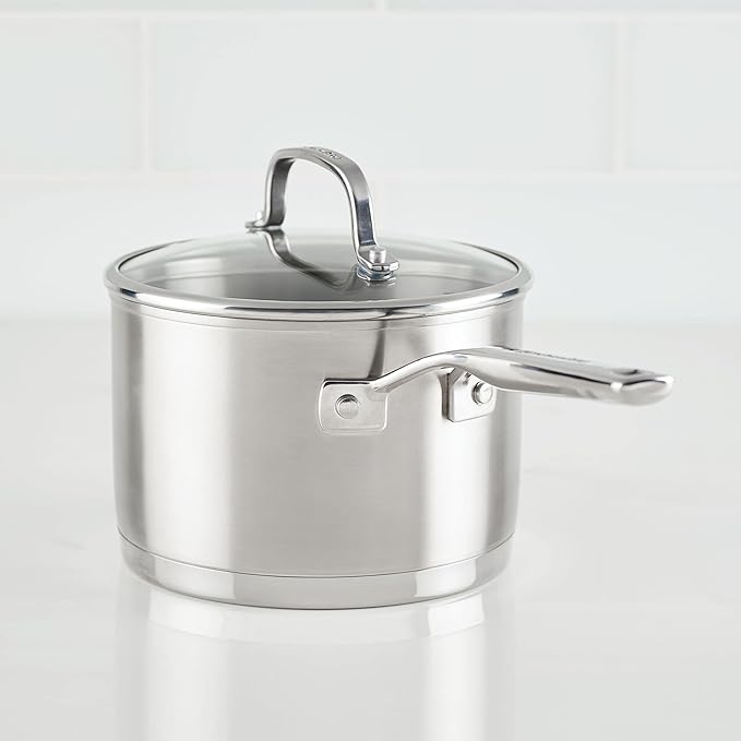 KitchenAid 3-Ply Base Brushed Stainless Steel Sauce Pan/Saucepan with Lid, 3 Quart - Brushed Stainless Steel
