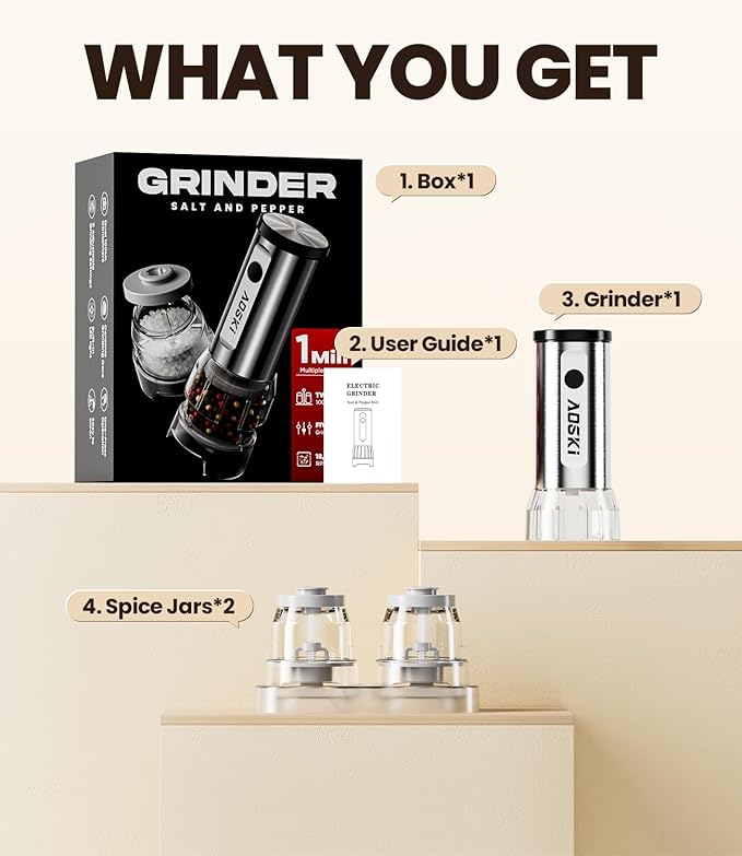 Electric Salt and Pepper Grinder Set: 1 Grinder + 2 Replaceable Jars - Stainless Steel & Separate Hoppers - For Gourmet Sessions - Prevents Spice Mixing for Foodies (1 Grinder + 2 Jars)