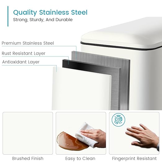 8 Gallon Slim Stainless Steel Trash Can with Step-on Lid, Narrow Space-Saving Kitchen & Bathroom Garbage Bin, White Metal Step Pedal Trash Can for Home, Office, Dorm