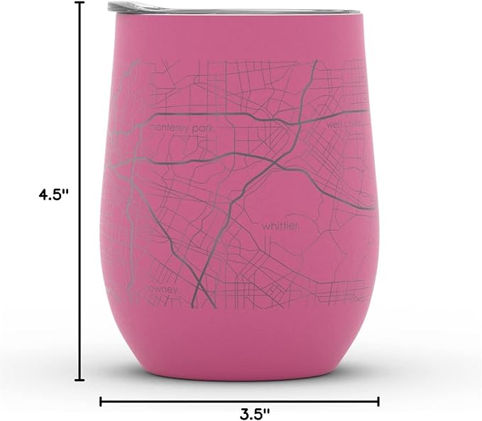 Well Told Engraved Los Angeles California Map Insulated Wine Tumbler, Etched Stainless Steel Cup (12 oz, Sunset Pink) City Map Insulated Tumbler, Custom Insulated Tumbler, Outdoor Drinkware