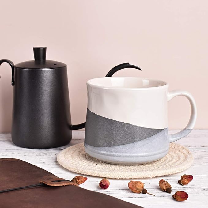 Bosmarlin Large Stoneware Coffee Mug, Big Tea Cup for Office and Home, 21 Oz, Dishwasher and Microwave Safe, 1 PCS (Geometry-Grey)
