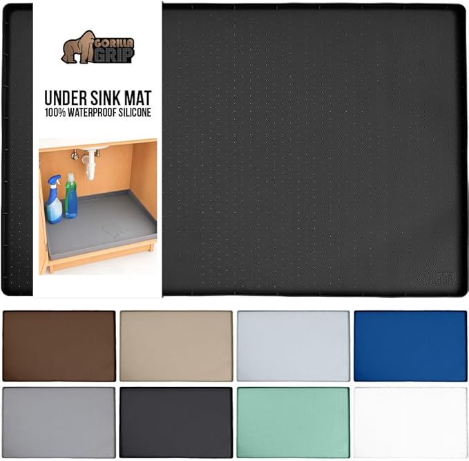 GORILLA GRIP Waterproof Silicone Under Sink Mat with Raised Lip for Kitchen and Bathroom, 28 x 22 in, Cabinet Shelf Liner Stay in Place Mats Dishwasher Safe Drawer Liner, Organizer Tray, Black