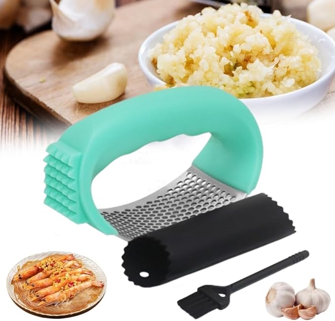 Stainless Steel Garlic Presser, 2024 New Garlic Press Rocker Garlic Mincer Garlic Crusher,Kitchen Garlic Press Mincer Crusher Solid Stainless Steel with Handle (Green)