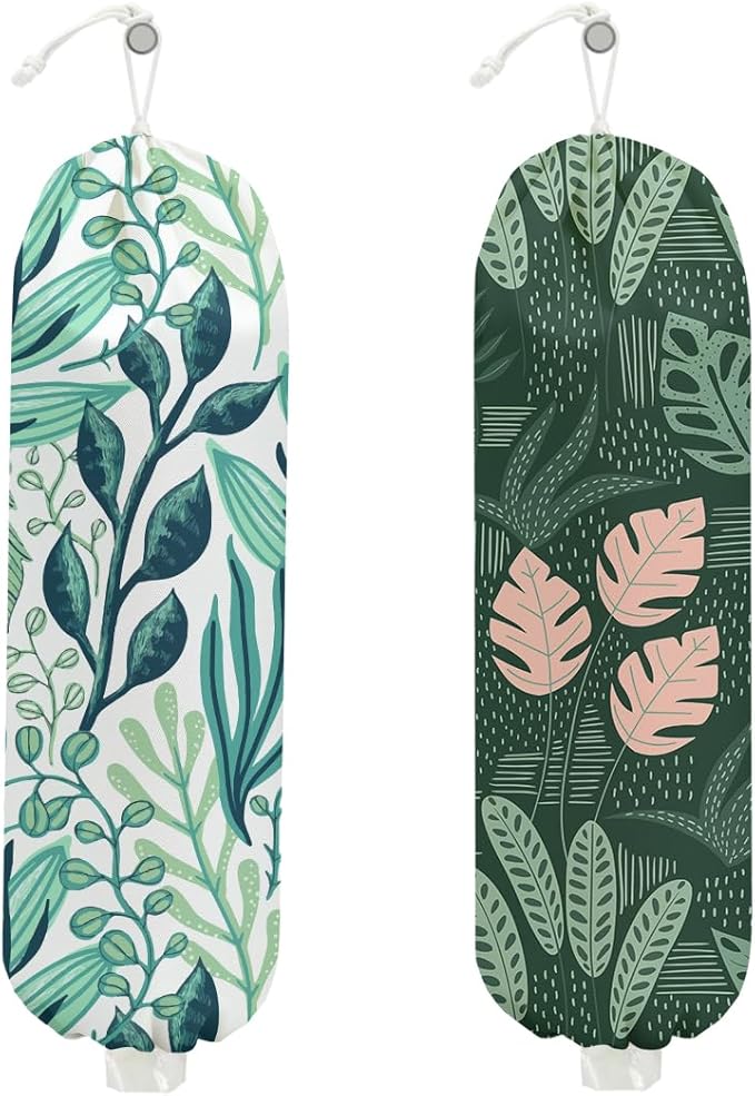 2PCS Seaweed Plastic Bag Holder, Wall Mount Grocery Bag Holder Plastic Storage bag, Botanical Rustic Kitchen Storage Organizer Grocery Bags with Drawstring, Gifts for Women Mom Grandma