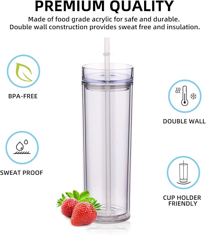 Volhoply 20oz Plastic Skinny Tumblers Bulk 4 Pack,Double Wall Tumbler with Lid and Straw,Reusable Travel Iced Coffee Mug,BPA Free Matte Acrylic Water Cups With Straw for Parties,DIY Gifts(Clear,4 Set)