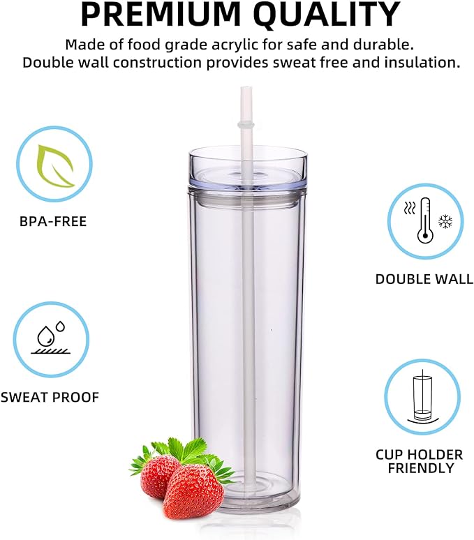 Volhoply 20oz Tumbler with Lid and Straw 8 Pack,Double Wall Plastic Skinny Tumblers Bulk,Reusable Travel Cute Coffee Mug,BPA Free Matte Acrylic Water Cups With Straw for Party,DIY Gifts(Clear,8 Set)