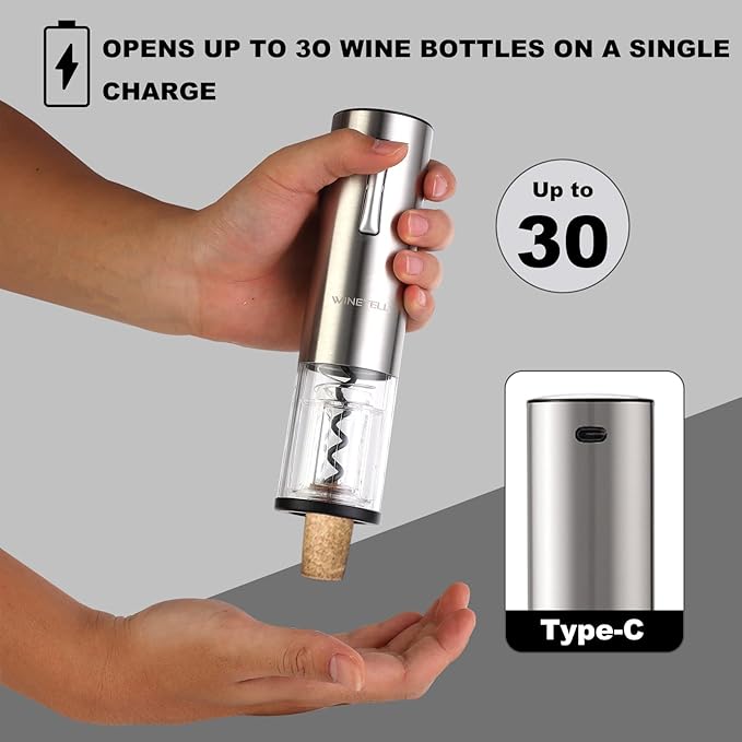 Electric Wine Opener, Rechargeable Wine Bottle Opener with One-Click Button, Reusable Automatic Corkscrew Remover - Great Present for Wine Lovers, Wine Gift