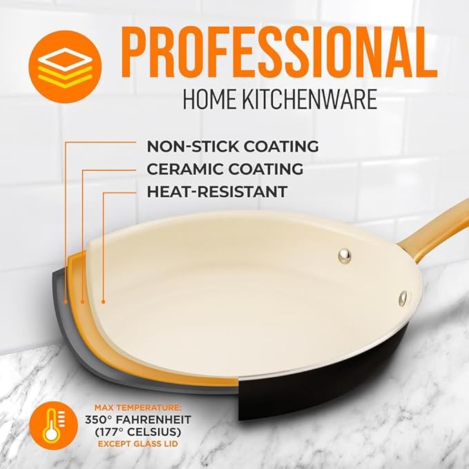 NutriChef 8-Inch Professional Ceramic Frying Pan With Lid - Small Skillet with Golden Titanium Handle, Non-Stick Ceramic Coating, Stain-Resistant, Easy to Clean, Ideal for Home Cooking